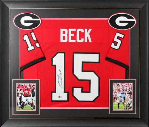 Carson Beck Signed Georgia Bulldogs 32x37 Framed Jersey (Beckett) 22 & 23 Champs