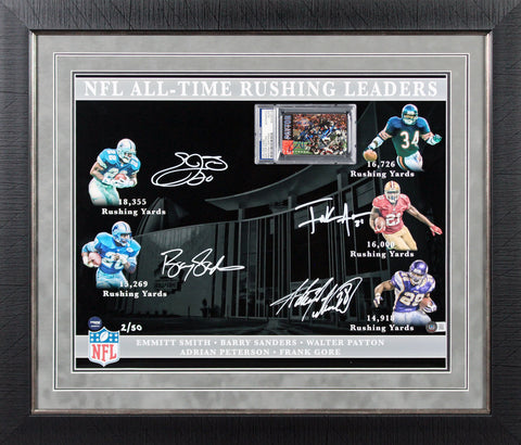 NFL Leading Rushers (5) Payton, Smith, Sanders, Gore Framed Display LE #2/50 BAS