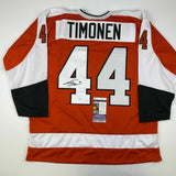 Autographed/Signed KIMMO TIMONEN Philadelphia Orange Hockey Jersey JSA COA Auto