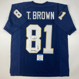 Autographed/Signed Tim Brown Heisman 87 Notre Dame Blue College Jersey BAS COA