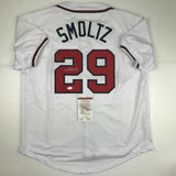 Autographed/Signed JOHN SMOLTZ Atlanta White Baseball Jersey JSA COA Auto