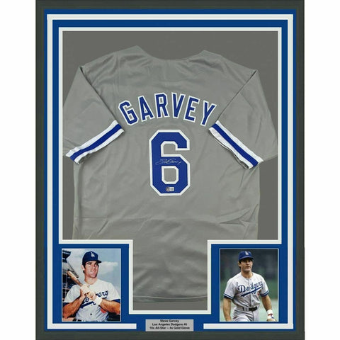 FRAMED Autographed/Signed STEVE GARVEY 33x42 Grey Baseball Jersey BAS COA