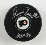 Bernie Parent Signed Philadelphia Flyers Puck Inscribed HOF 84 Stacks of Plaques