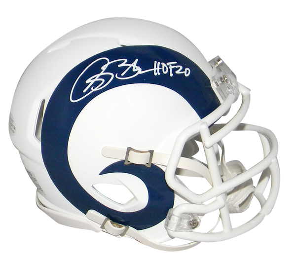 ISAAC BRUCE SIGNED ST LOUIS RAMS FLAT WHITE SPEED MINI HELMET W/ HOF 2020