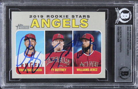 Angels (3) Arcia, Buttrey & Jerez Signed 2019 Topps Heritage #244 Card BAS Slab