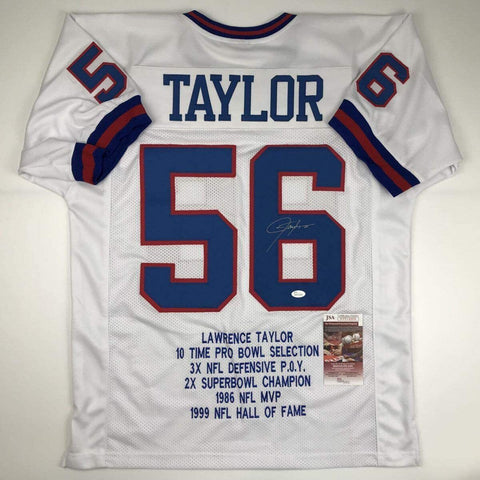 Autographed/Signed Lawrence Taylor New York White Stat Football Jersey JSA COA