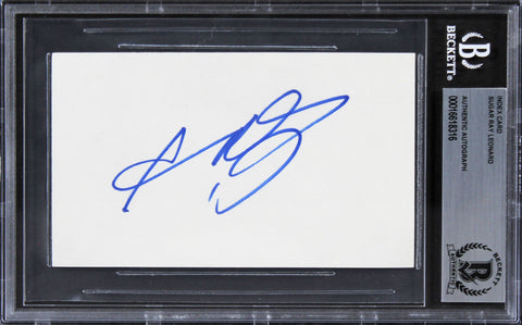 Sugar Ray Lenoard Authentic Signed 3x5 Index Card Autographed BAS Slabbed 4