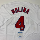 Autographed/Signed Yadier Molina St. Louis White Baseball Jersey Beckett BAS COA