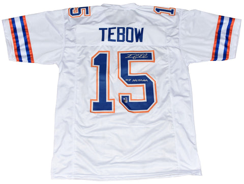 TIM TEBOW AUTOGRAPHED FLORIDA GATORS #15 WHITE JERSEY W/ 07 HEISMAN