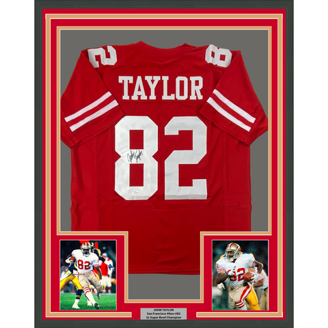 Framed Autographed/Signed John Taylor 33x42 San Francisco Red Jersey JSA COA