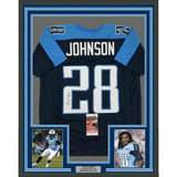 FRAMED Autographed/Signed CHRIS JOHNSON 33x42 Tennessee Dark Blue Jersey JSA COA