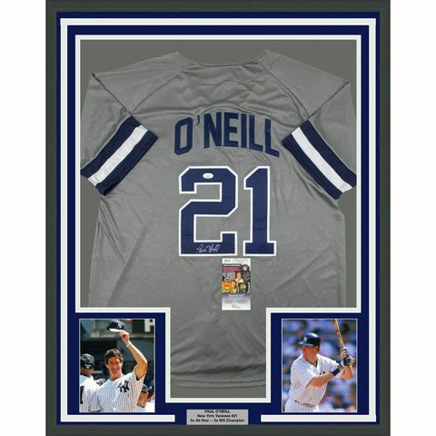 FRAMED Autographed/Signed PAUL O'NEILL 33x42 New York Grey Jersey JSA COA Auto