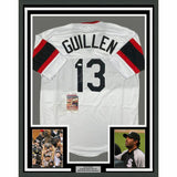 FRAMED Autographed/Signed OZZIE GUILLEN 33x42 Chicago Retro White Jersey JSA COA