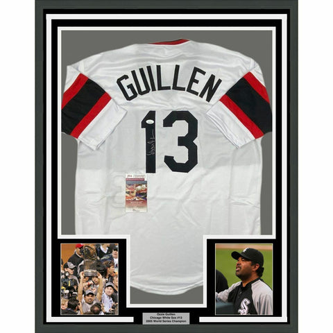 FRAMED Autographed/Signed OZZIE GUILLEN 33x42 Chicago Retro White Jersey JSA COA