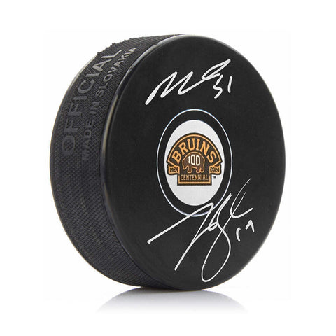 Matthew Poitras Johnny Beecher Autographed Boston Bruins 100th Ann. Puck JSA PSA