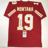 Autographed/Signed JOE MONTANA Kansas City Red Football Jersey JSA COA Auto