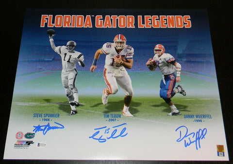 TIM TEBOW STEVE SPURRIER DANNY WUERFFEL SIGNED FLORIDA GATORS 16x20 PHOTO BAS