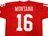 SAN FRANCISCO 49ERS JOE MONTANA AUTOGRAPHED RED JERSEY BECKETT BAS STOCK #224669