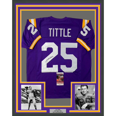 Framed Autographed/Signed YA Y.A. Tittle 33x42 LSU Purple College Jersey JSA COA