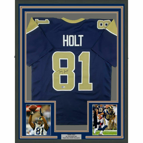 FRAMED Autographed/Signed TORRY HOLT 33x42 St. Louis Blue Jersey Beckett BAS COA