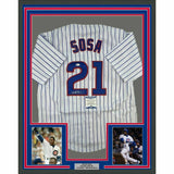 Framed Autographed/Signed SAMMY SOSA 33x42 Pinstripe Baseball Jersey BAS COA