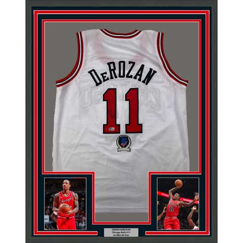 Framed Autographed/Signed DeMar DeRozan 33x42 Chicago White Jersey BAS COA