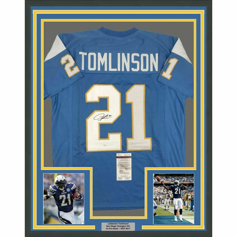 FRAMED Autographed/Signed LADAINIAN TOMLINSON 33x42 Powder Blue Jersey JSA COA