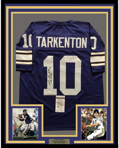 Framed Autographed/Signed Fran Tarkenton HOF 86 33x42 Purple Jersey JSA COA