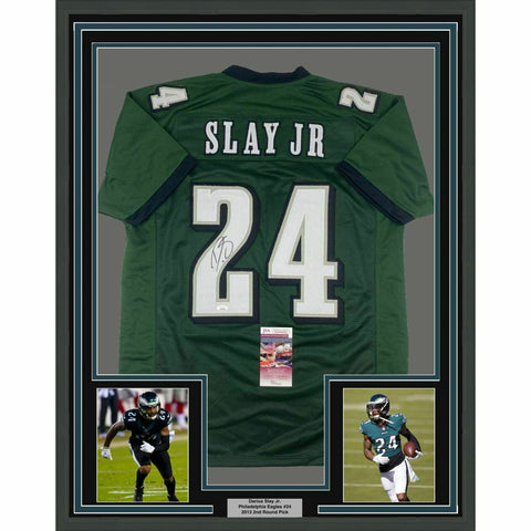 FRAMED Autographed/Signed DARIUS SLAY JR 33x42 Philadelphia Green Jersey JSA COA