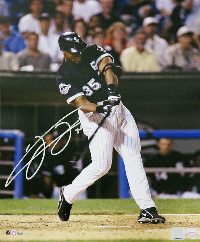 Frank Thomas Signed Chicago White Sox Black Jersey Swinging 16x20 Photo (SS COA)