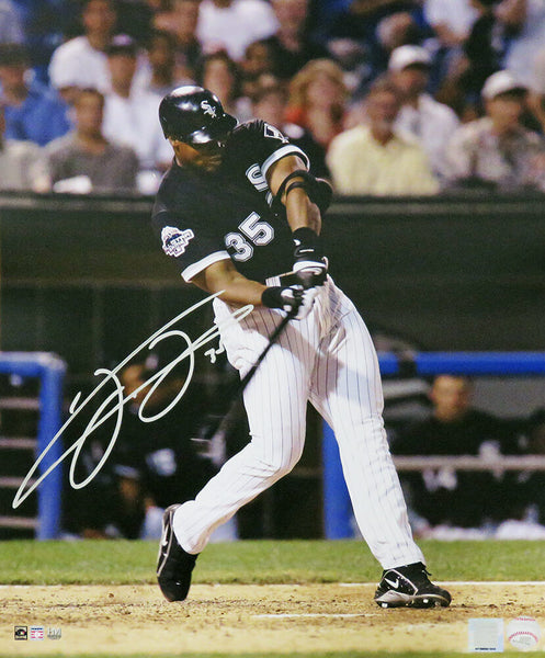 Frank Thomas Signed Chicago White Sox Black Jersey Swinging 16x20 Photo (SS COA)