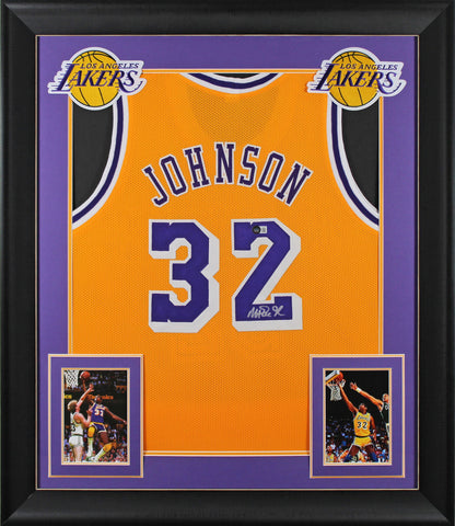 Magic Johnson Authentic Signed Yellow Pro Style Framed Jersey BAS Witnessed 2