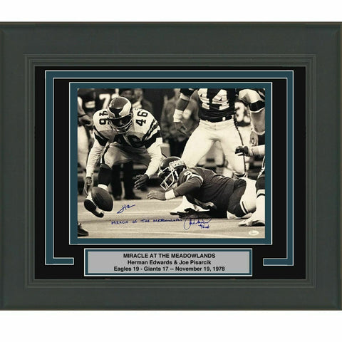 FRAMED Signed HERM EDWARDS PISARCIK Miracle The Meadowlands 16x20 Photo JSA COA