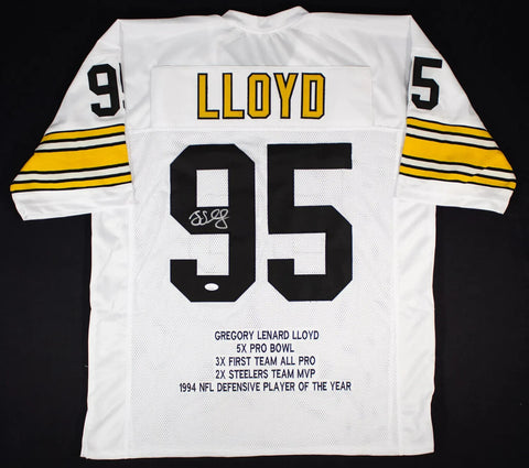 Greg Lloyd Signed Pittsburgh Steelers Career Highlight Stat Jersey (JSA COA) L.B