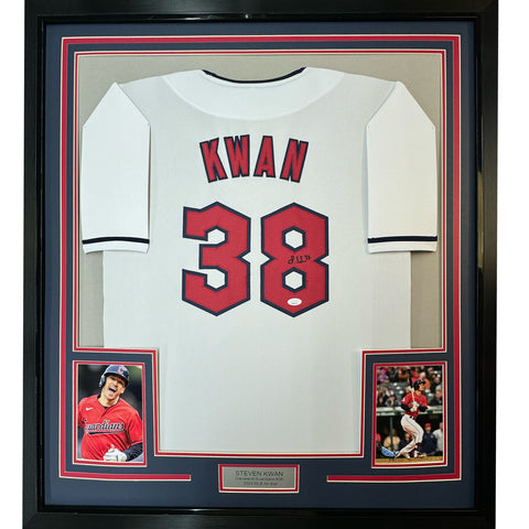 Framed Autographed/Signed Steven Kwan 35x39 Cleveland White Jersey JSA COA