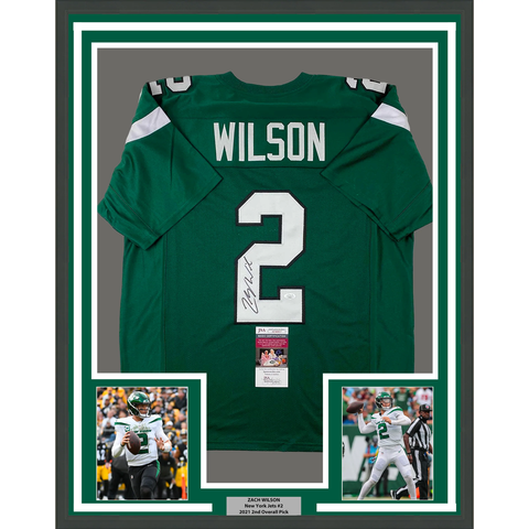 Framed Autographed/Signed Zach Wilson 33x42 New York Green Jersey JSA COA