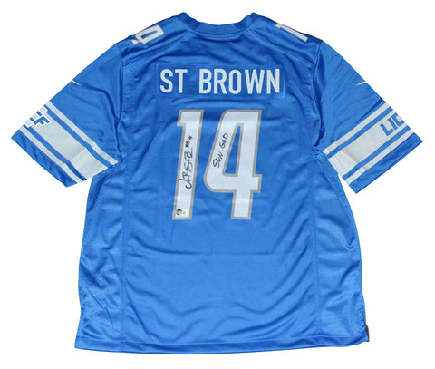 AMON-RA ST BROWN SIGNED DETROIT LIONS #14 NIKE BLUE JERSEY BECKETT W/ SUN GOD