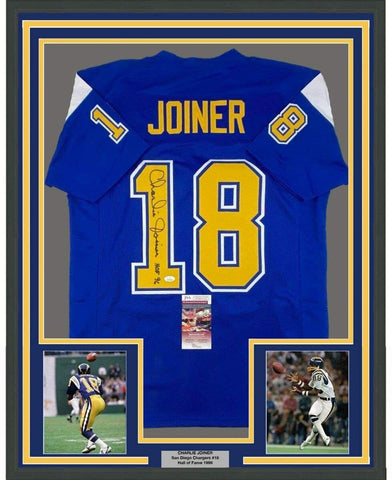 Framed Autographed/Signed Charlie Joiner HOF 96 35x39 Royal Blue Jersey JSA COA