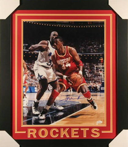 Hakeem Olajuwon Signed Rockets 23x27 Custom Framed Photo Display (JSA Hologram)