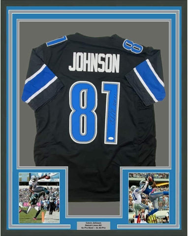 FRAMED Autographed/Signed CALVIN JOHNSON 33x42 HOF 21 Black Jersey JSA COA