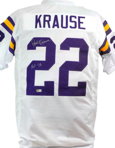 Paul Krause Autographed White Pro Style Jersey w/ HOF- Beckett W *Silver