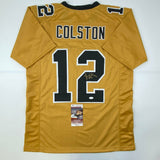 Autographed/Signed Marques Colston New Orleans Gold Football Jersey JSA COA