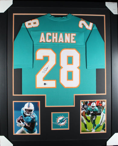 DE'VON ACHANE (Dolphins teal TOWER) Signed Autographed Framed Jersey Beckett