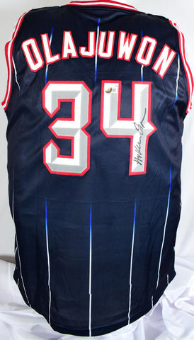 Hakeem Olajuwon Autographed Blue Pro Style Jersey- Beckett W Hologram *Black