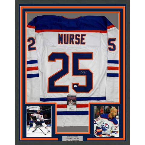 Framed Autographed/Signed Darnell Nurse 35x39 Edmonton White Jersey JSA COA