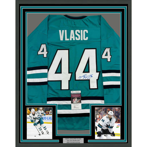 Framed Autographed/Signed Marc-Edouard Vlasic 35x39 San Jose Teal Jersey JSA COA