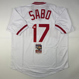 Autographed/Signed Chris Sabo Cincinnati White Baseball Jersey JSA COA