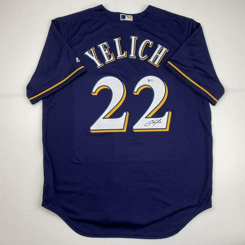 Autographed/Signed CHRISTIAN YELICH Milwaukee Blue Baseball Jersey Beckett COA