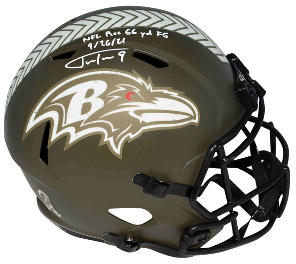 JUSTIN TUCKER SIGNED BALTIMORE RAVENS SALUTE TO SERVICE FULL SIZE HELMET W/ INSC