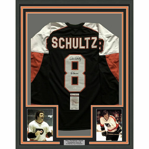 FRAMED Autographed/Signed DAVE "THE HAMMER" SCHULTZ 33x42 Black Jersey JSA COA